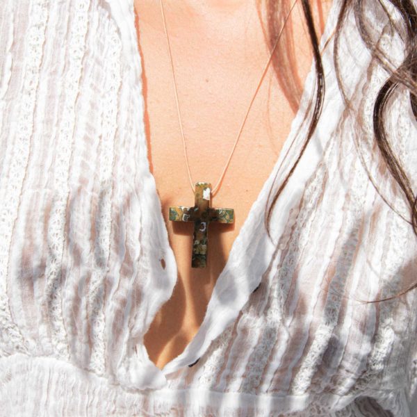 moss agate gemstone cross pendant