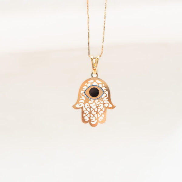 black evil eye hamsa hand pendant